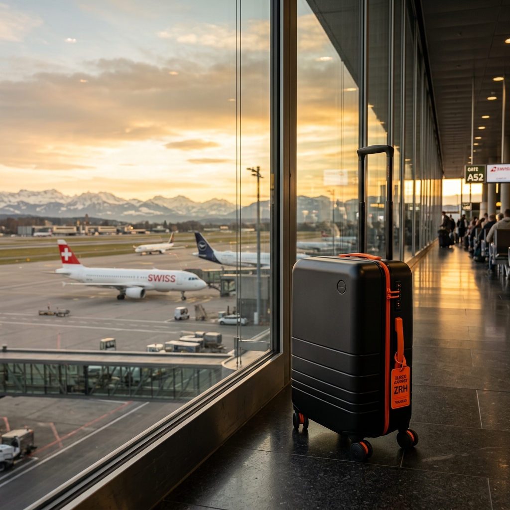 NMD Kofrano black suitcase at Zurich Airport overlooking runway
